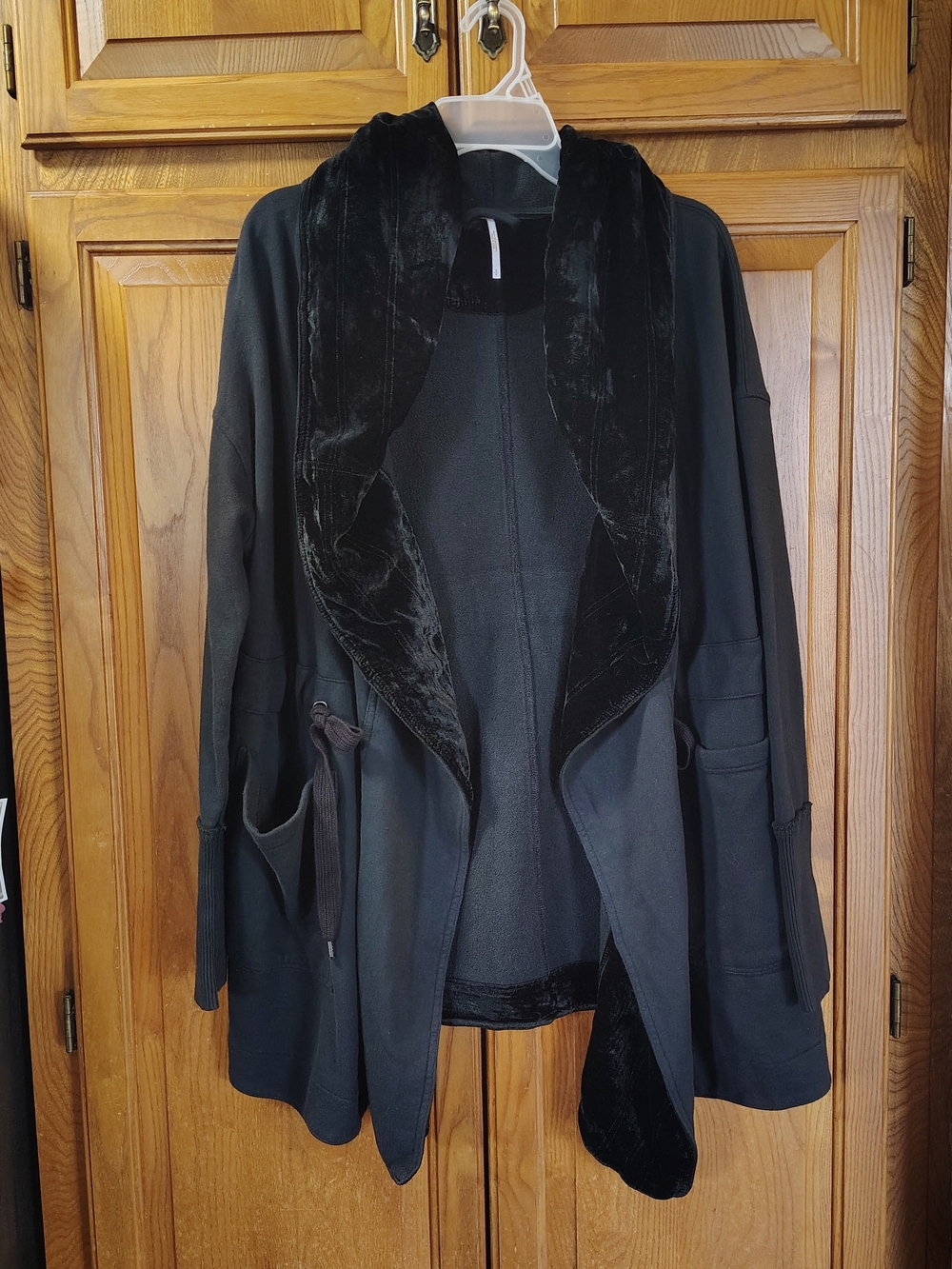 Free People Womens Wrap Jacket Snap Hood Velvet Trim Pockets Draw String Black S